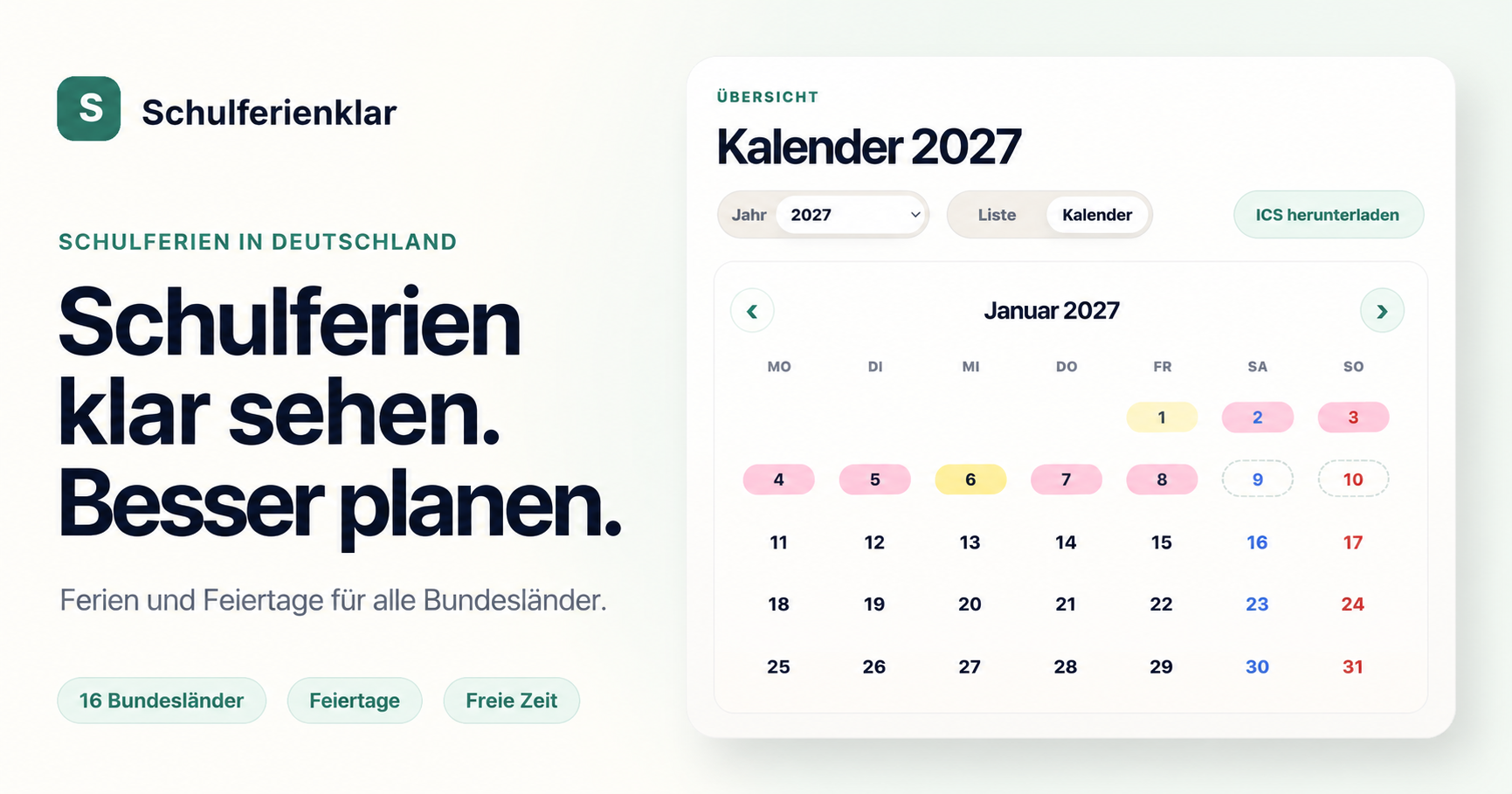 Schulferienklar Kalenderansicht mit Ferien und Feiertagen